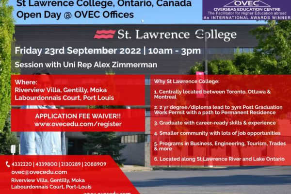 St Lawrence College, Ontario, Canada – Open Day & Application Fee WAIVER @ OVEC Moka & Port Louis – Friday 23rd September 2022